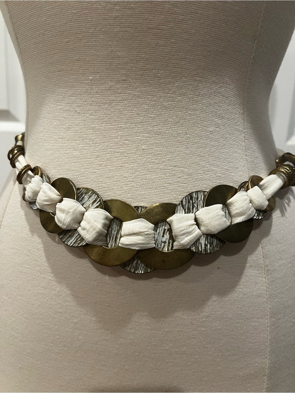 Vintage Y2K Chico’s Boho Fabric and Metal Medallion Chain Belt